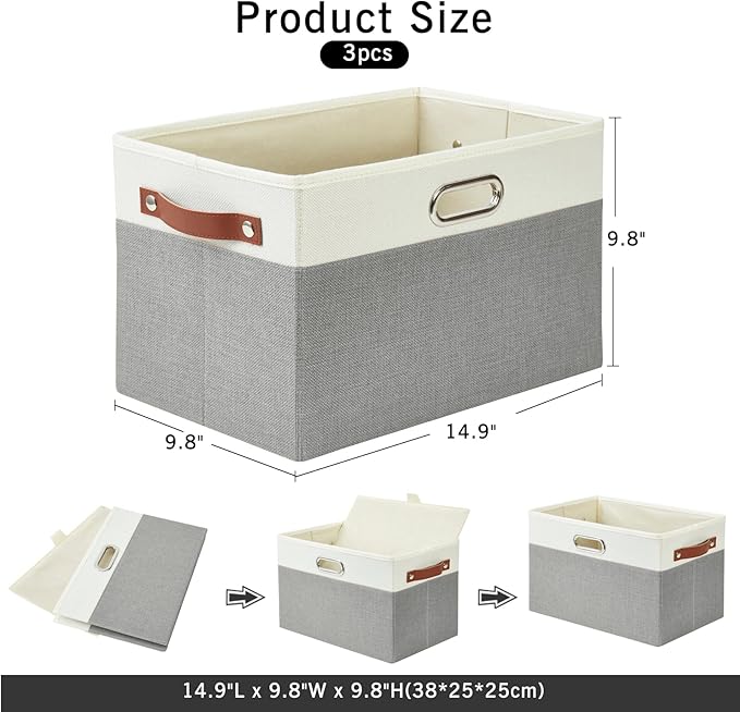 Large Collapsible Fabric Storage Bins with 3 Handles, Foldable Organizer Baskets for Closet, Shelves, Living Room | 3 Pack, Durable PU & Metal Handles (14.9"x9.8"x9.8", Gray & White)-Ruum Studio Home