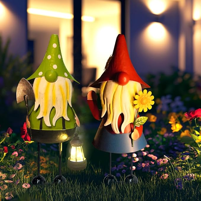 HONGLAND Solar Metal Gnome Yard Art -18 Inch Garden Gnomes Statues Outdoor Decor with Solar Lantern Lights -3D Outdoor Figurines for Patio Yard Lawn Porch Ornament Gardening Gifts-Ruum Studio Home