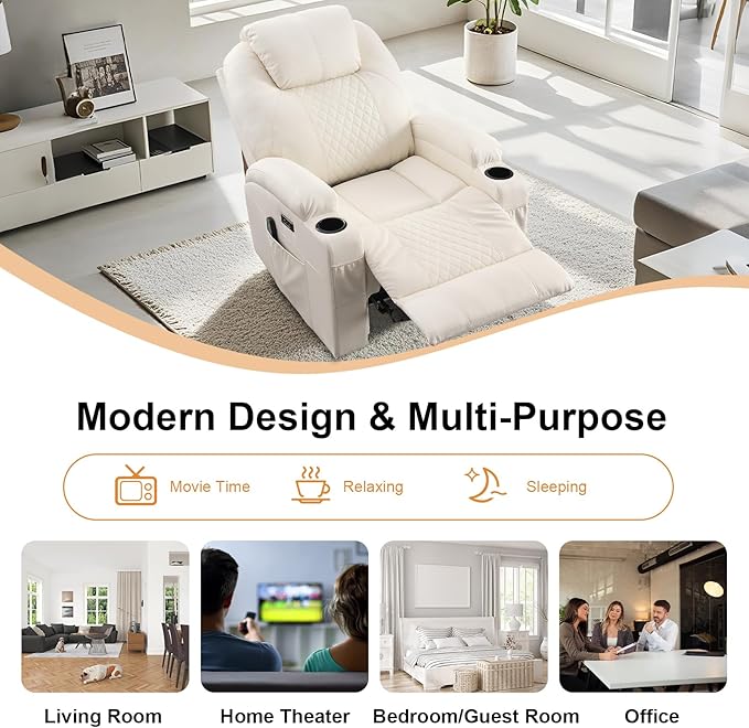 AHMED Power Recliner Chair with Vibration Massage & Heat for Adults, Faux Leather Home Theater Seating with Cup Holders/LED Lights/USB Ports/Side Pockets for Living Room, Beige-Ruum Studio Home