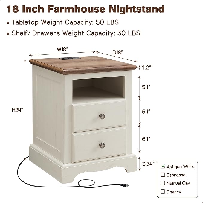 T4TREAM Nightstand with Charging Station, 18 Inch Vintage End Table with 2 Drawers, Wood Rustic Sofa Side Table with Open Storage Shelf for Bedroom, Living Room, Antique White-Ruum Studio Home