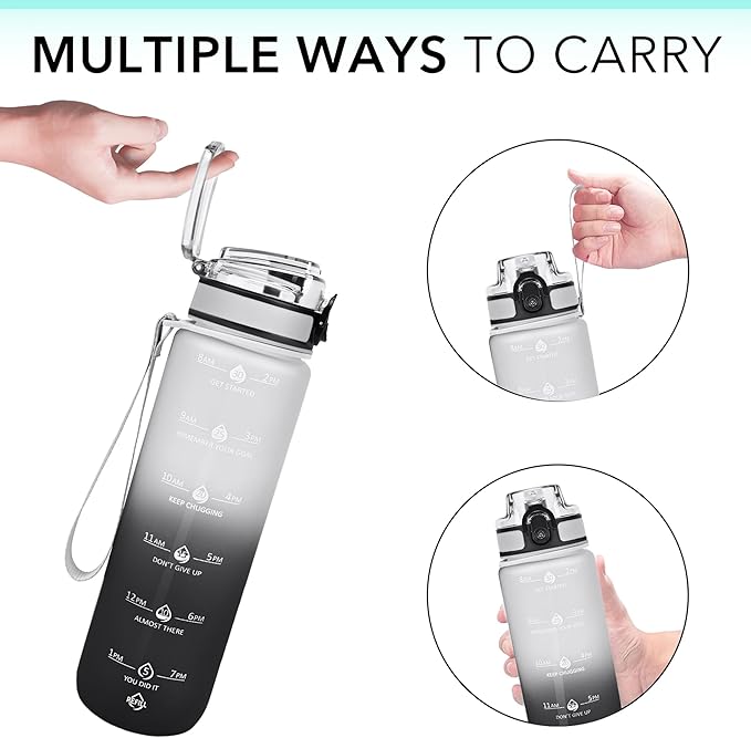 32oz Motivational Water Bottles with Time Marker & Fruit Strainer, Transparent Gradient Color Water Bottle with Times to Drink, Leakproof & BPA Free, Reusable Bottle with Strap (No Straw)-Ruum Studio Home
