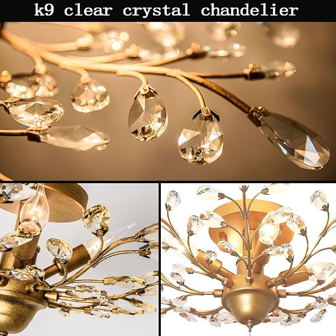 Ganeed Crystal Chandeliers,K9 Crystal Ceiling Light,Vintage Light Fixtures Pendant Lighting for Living Room Bedroom Restaurant Porch Hallway (4-Light,Golden)-Ruum Studio Home