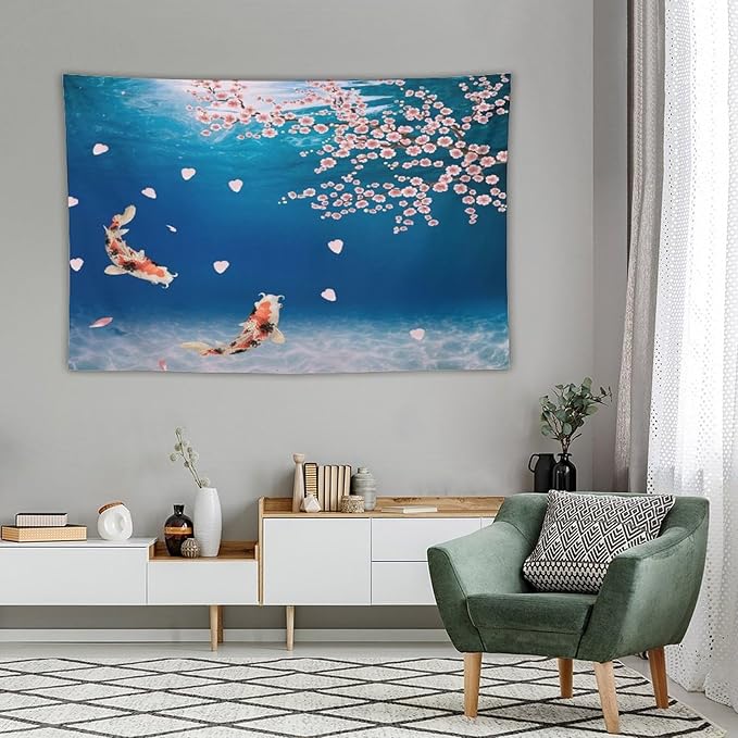 Japanese Koi Fish Tapestry, Cherry Blossoms Asian Oriental Blue Floral Branch Koi Fish Carp Tapestries Wall Hanging for Bedroom Living Room Office Decor 90"x60"-Ruum Studio Home