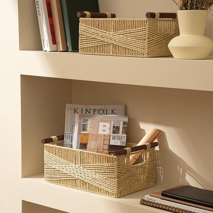 LA JOLIE MUSE Wicker Storage Baskets for Organizing, Recyclable Paper Rope Basket with Wood Handles, Decorative Hand Woven Basket Organizers for Makeup Books Shelves Living Room, Beige, Set of 2-Ruum Studio Home