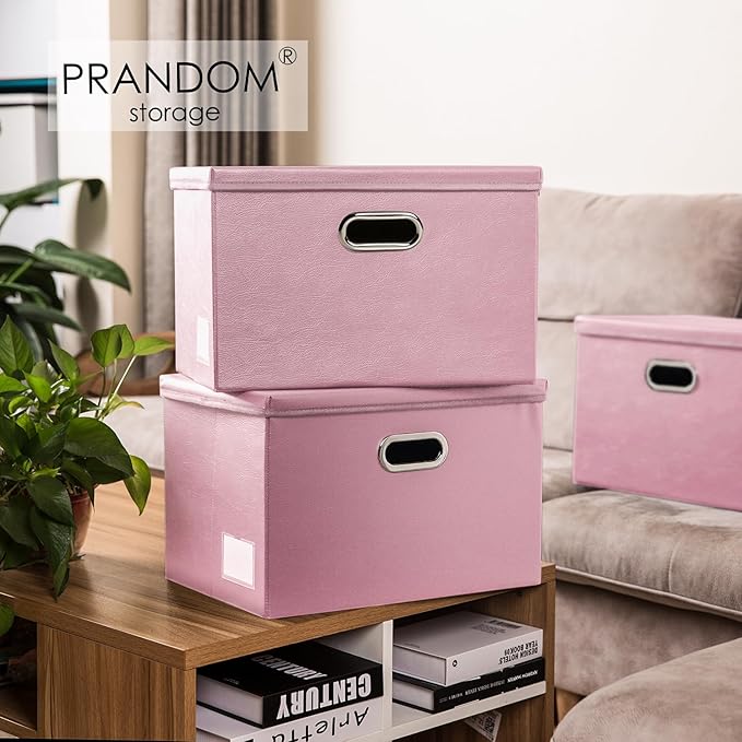 PRANDOM Large Stackable Storage Bins with Lids [3-Pack] Leather Fabric Foldable Storage Boxes Organizer Containers Baskets Cube with Cover for Bedroom Closet Office Nursery Pink (17.7x11.8x11.8)-Ruum Studio Home