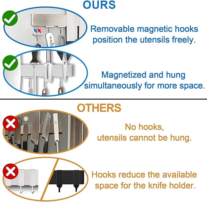 17.5" Magnetic Knife Holder for Wall with Hooks - No Drill Adhesive Mount - 304 Stainless Steel Knife Magnetic Strip-Ruum Studio Home