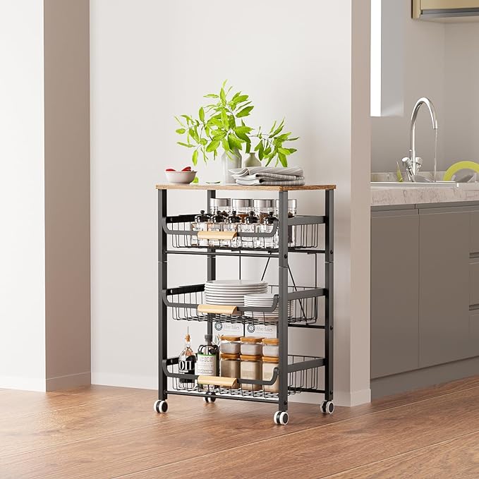 4-Layer Fruit Basket Kitchen Food Organizer and Rack, Stackable Storage Cart with Desktop, Pull-Out Hollow Metal Basket, Sliding Out Storage (Black 4-Layer Rack)-Ruum Studio Home