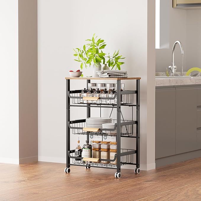 4-Layer Fruit Basket Kitchen Food Storage Organizer and Storage Rack, Stackable Storage cart with Desktop, Pull-Out Hollow Metal Storage Basket, liding Out Storage,White-Ruum Studio Home