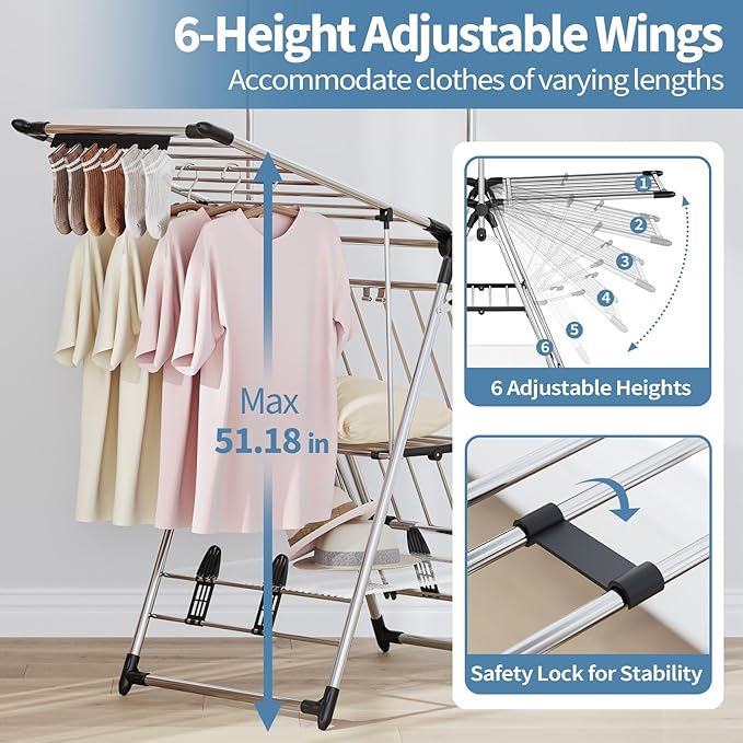 APEXCHASER Clothes Drying Rack with High Hanger, Foldable 3-Level Drying Racks with Shoe Rack, Crossbar and Vertical Rod Laundry Stand with Adjustable Wings Silver-Ruum Studio Home
