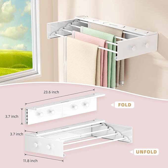 Wall Mounted Drying Rack with 4 Hooks and Shelf, Foldable Clothes Drying Rack for Laundry Room, Collapsible Laundry Rack Wall Mount, for Indoor Outdoor Hanging Clothes, 23.6 Inch-Ruum Studio Home