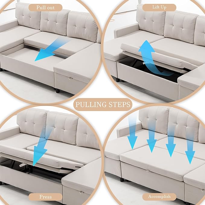 Pull Out Couch, Oversized Sleeper Sofa Couch, Sectional Sleeper Sofa Bed for Living Room Bedroom Lounge (Beige, 73 Inch)-Ruum Studio Home
