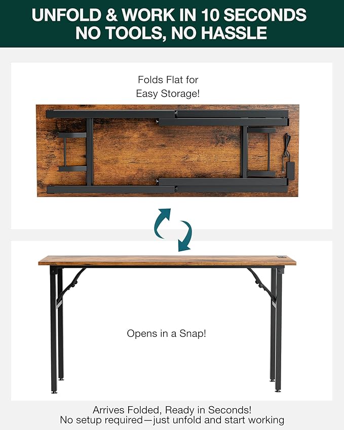 Frylr Small Folding Computer Desk – 55.1 Inch Portable Table for Craft and Study, Lightweight Desk for Small Spaces, Foldable Laptop Table Built-in AC/USB Outlets for Convenience, Rustic Brown-Ruum Studio Home