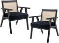 Accent Rattan Chairs Set of 2, Faux Fur Upholstered Living Room Chairs with Cane Back, Retro Mid Century Modern Cane Chair Armchair for Reception Reading Indoor Outdoor, Black-Ruum Studio Home