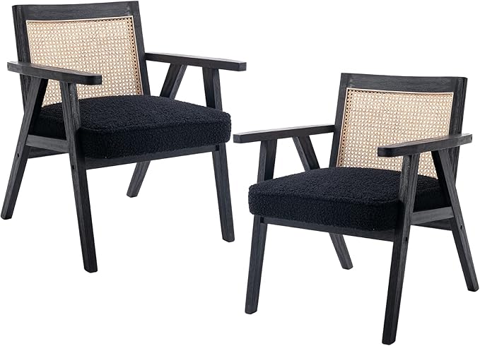 Accent Rattan Chairs Set of 2, Faux Fur Upholstered Living Room Chairs with Cane Back, Retro Mid Century Modern Cane Chair Armchair for Reception Reading Indoor Outdoor, Black-Ruum Studio Home