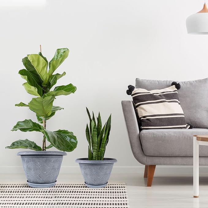 12 Inch Large Planter Pot for Plants Indoor Outdoor, 4 Pack Plastic Flower Pots with Drainage Hole & Tray, Modern Decorative Garden Pot with Saucer, Plant Container for House-Ruum Studio Home