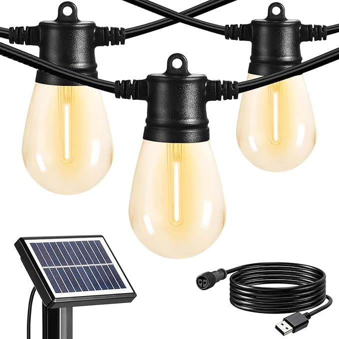 SUNTHIN Outdoor Solar String Lights, 48ft Solar Patio Lights with USB Rechargeable, Waterproof & Shatterproof Solar Powered Bulbs for Yard, Porch, Garden, Pool, Party, Camping-Ruum Studio Home