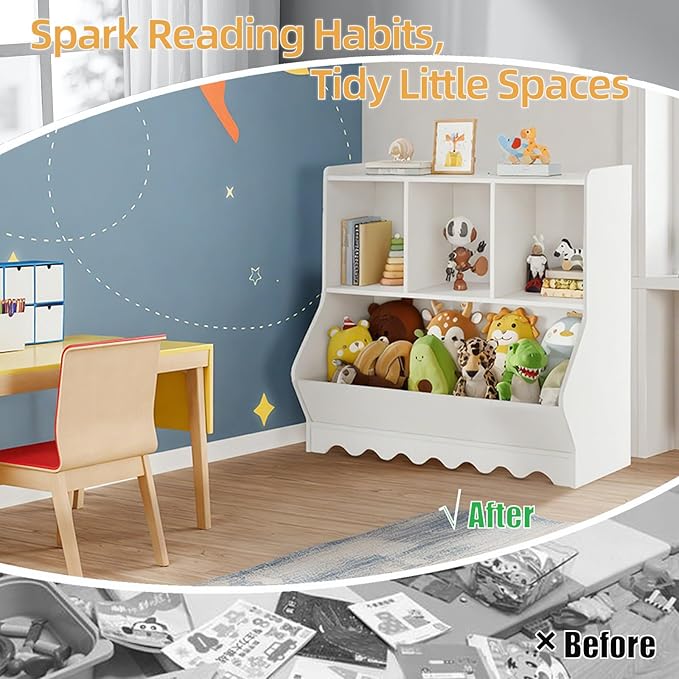 Wood Kid Storage Cubby, Toy Storage Organizer with Bookshelf, 32"L x 15"D x 31"H Montessori Toy Shelf, Nursery Book Shelves, Wooden 4-Cubby Children Book Shelf for Playroom Classroom, White-Ruum Studio Home