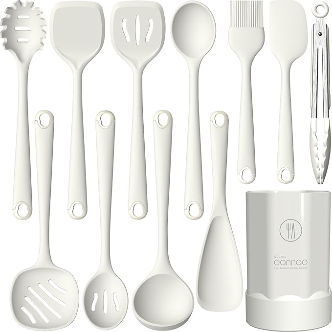 Thickened Silicone Kitchen Utensils Set, 600°F Heat Resistant Silicone Cooking Utensils, Spatula, Spoon, Whisk, Tongs, Kitchen Gadgets for Nonstick Cookware, Dishwasher Safe BPA Free (Cream White)-Ruum Studio Home