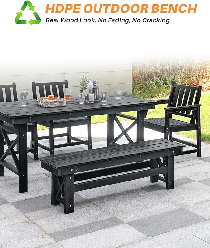 HDPE Outdoor Bench, 55" Patio Bench Outdoor Furniture, Poly Lumber Adirondack Benches, Fade-Resistant HDPE Garden Backless Benches for Park, Poolside, Garden, Porch, Obsidian-Ruum Studio Home