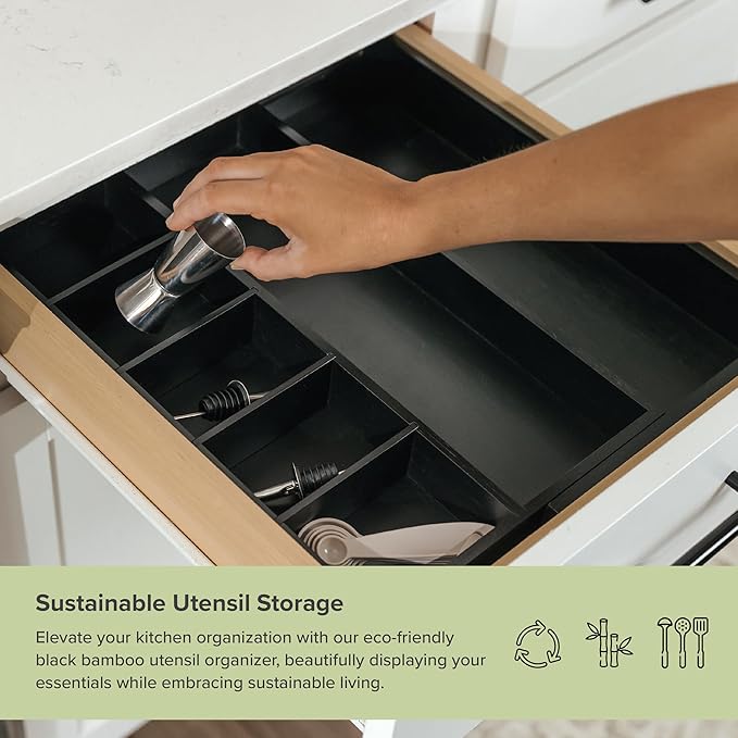 Adjustable Kitchen Drawer Organizer for Utensils and Junk, Food-Safe Contract Grade with 100% Sustainable Wood, Expandable from 10.5 to 19 Inches Wide - Black Bamboo-Ruum Studio Home