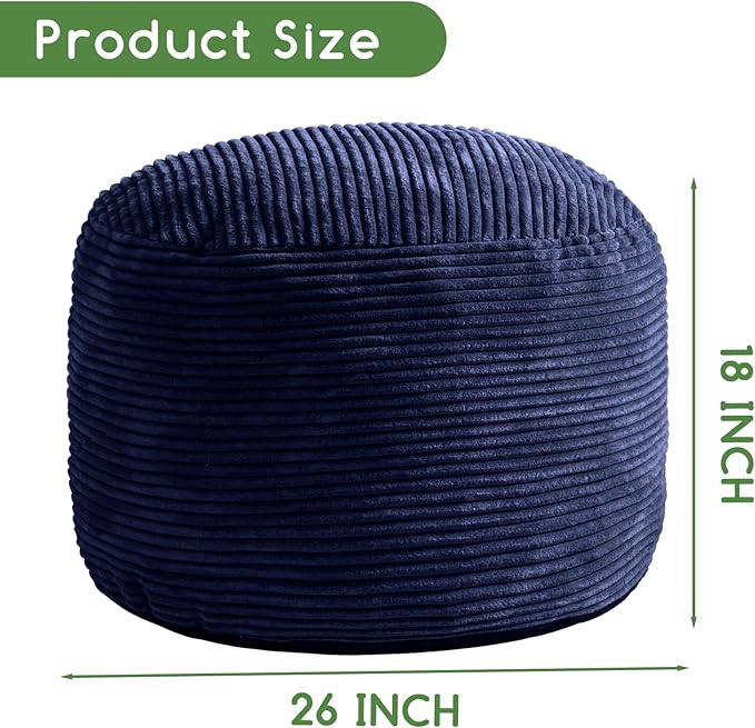 HIGOGOGO Round Stuffed Pouf Ottoman, Corduroy Poufs with Foam Chunk Filling, Furry and Fluffy Pouf Foot Stool Storage Ottoman, 26 X 18 Floor Poufs Foot Rest for Living Room, Navy-Ruum Studio Home
