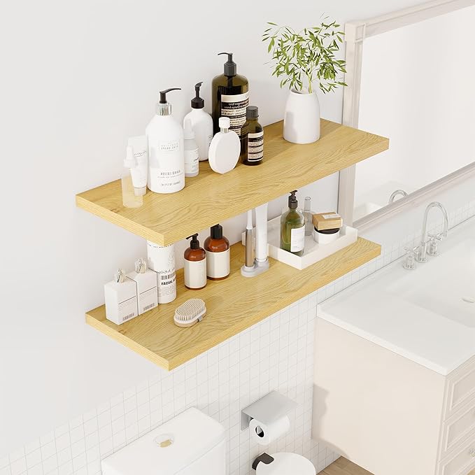 36" Floating Shelves for Wall, 12" Deep Slim Oak Floating Shelves, Wall-Mounted Shelves for Bedroom, Living Room, Kitchen, Bathroom - Set of 2-Ruum Studio Home