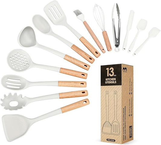 Kitchen Utensils Set, 13PCS Silicone Cooking Utensils, Heat Resistant Kitchen Utensil Spatula Set for Nonstick Cookware, Wooden Handles Kitchen Gadgets Tools Set-Ruum Studio Home