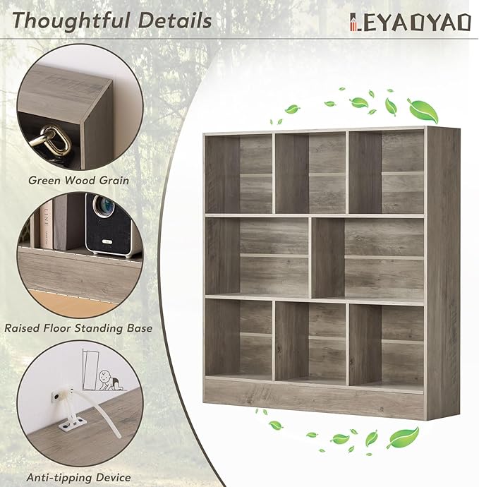 LEYAOYAO 8 Cube Bookshelf with Base,3 Tier Mid-Century Modern Grey Bookcase,Standing Wide Bookshelves Storage Organizer Shelf,Rustic Wood Display Cabinet Book Shelves for Bedroom,Living Room,Office-Ruum Studio Home