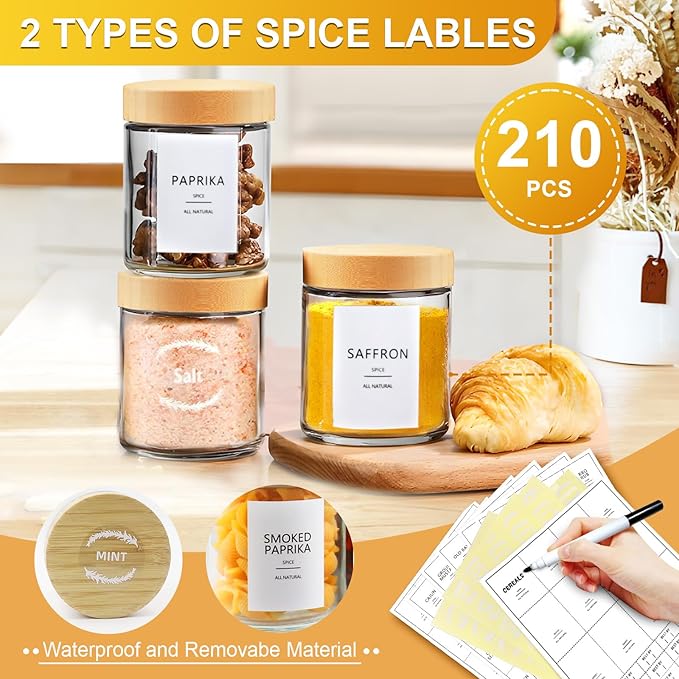 AISIPRIN Spice Jars with Label,12 Pcs 8oz Glass Jars with Bamboo Lids,Spice Organizer for Cabinet,Drawer, Rack, Seasoning Organizer Containers,Including 2 Type Labels-Ruum Studio Home