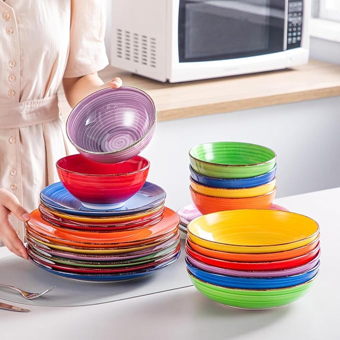 vancasso Bonita Dinnerware Sets, 24 Pieces Multicolor Stoneware Dinner Set for 6, Handpainted Spirals Pattern Ceramic Plates and Bowls Sets Kitchen Plate Set-Ruum Studio Home