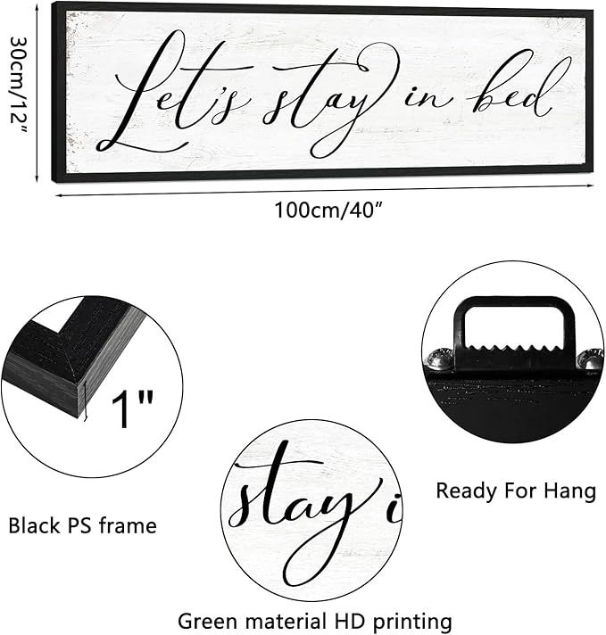 Let's Stay in Bed Sign: Rustic Bedroom Signs Wall Decor Above Bed Framed Modern Farmhouse Family Wall Signs Hanging Plaques Inspirational Quotes Master Bedroom Wall Art 12 x 40 Inch-Ruum Studio Home