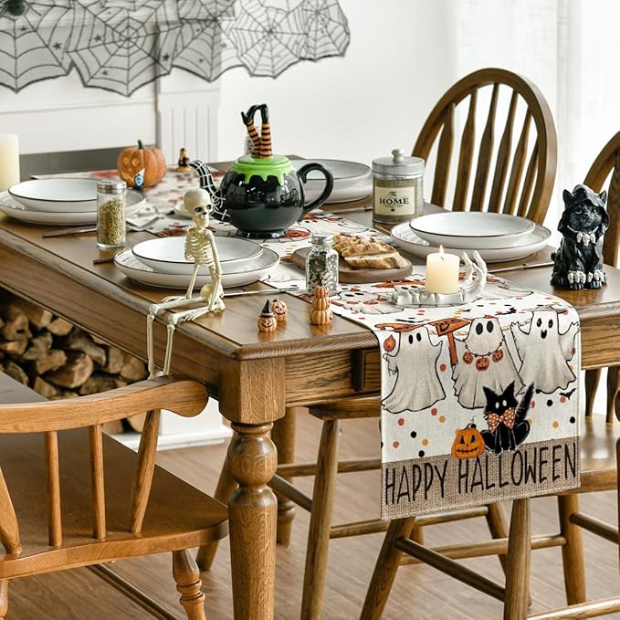 Artoid Mode Beige Ghost Jack-O'-Lantern Black Cat Halloween Table Runner,Holiday Kitchen Dining Table Decoration for Home Party Decor 13 x 120 Inch-Ruum Studio Home