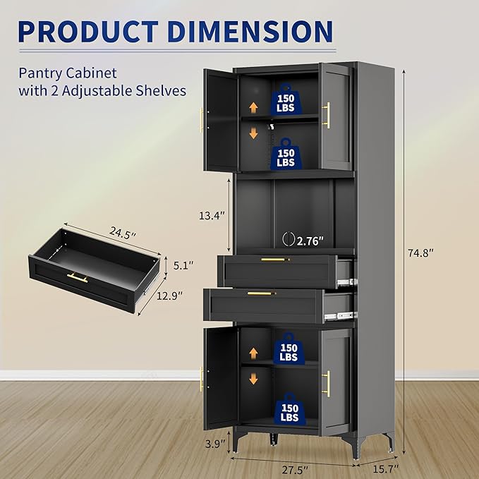 75” Tall Kitchen Pantry Storage Cabinet, Metal Storage Cabinet with 2 Drawers and Adjustable Shelves, Kitchen Pantry Cupboard, Freestanding Cupboard for Bathroom, Living Room(Black)-Ruum Studio Home