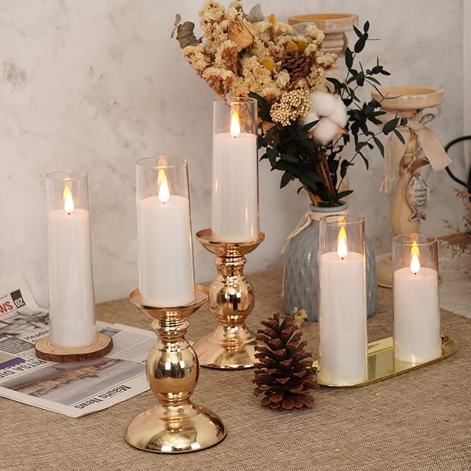 Amagic Pure White Flameless Candles, Battery Operated Candles, Acrylic Flickering LED Pillar Candles with Remote Control and Timer, 3D Wick, Yellow and Blue Glow, D2.2 xH5 6" 7", Set of 9-Ruum Studio Home