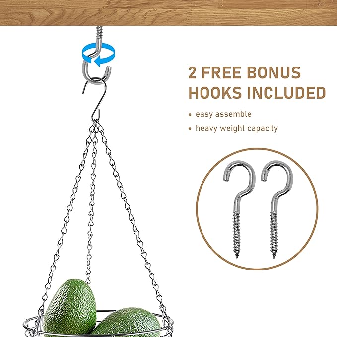 CAXXA 3-Tier Hanging Basket Fruit Organizer Kitchen Heavy Duty Wire Organizer with 2 Free Bonus Metal Ceiling Hooks, Chrome-Ruum Studio Home