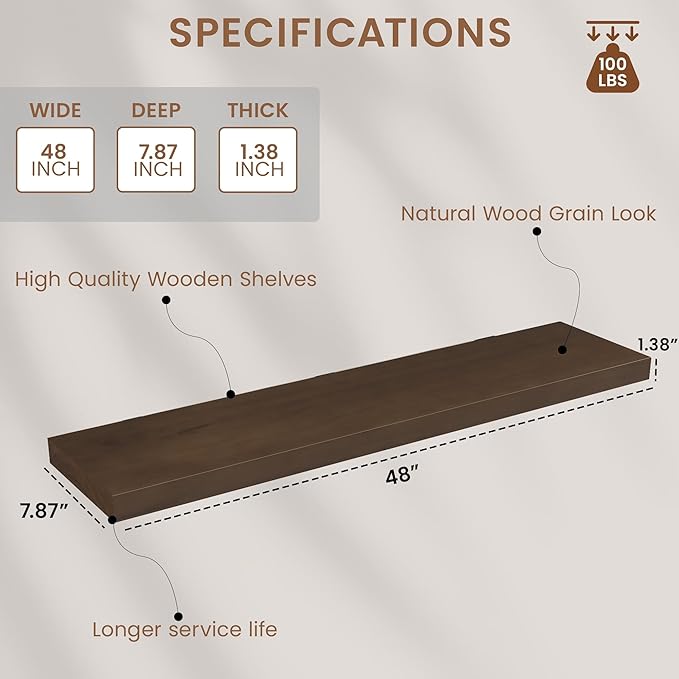 Walnut Floating Shelves for Wall 48 Inch, 8 in Deep Single Wood Shelf Floating Rustic Farmhouse Decor, Heavy Duty Shelf Hold 100 lbs, Wall Shelves for Bathroom Living Room Kitchen Bedroom Office-Ruum Studio Home