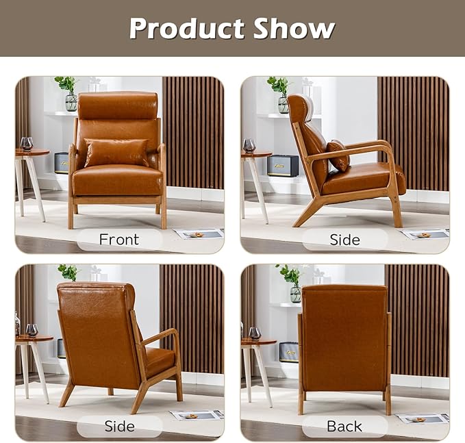 INZOY Mid Century Modern Accent Chair Set of 2, High Back Reading Armchair with Wood Frame, PU Leather Living Room Chairs with Waist Cushion, Single Lounge Arm Chair for Bedroom Sunroom, Camel-Ruum Studio Home
