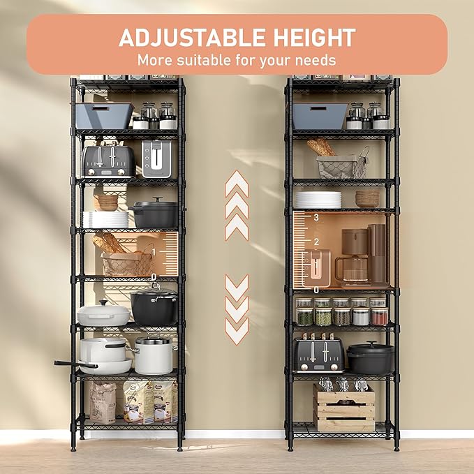 8 Tier 2000 lbs Storage Rack Metal Wire Shelving Unit, Storage Standing Shelf Organizer for Laundry Bathroom Kitchen Pantry Closet Garage Basement Utility Room, Black 13.8" D x 23.6" W x 79.5" H-Ruum Studio Home