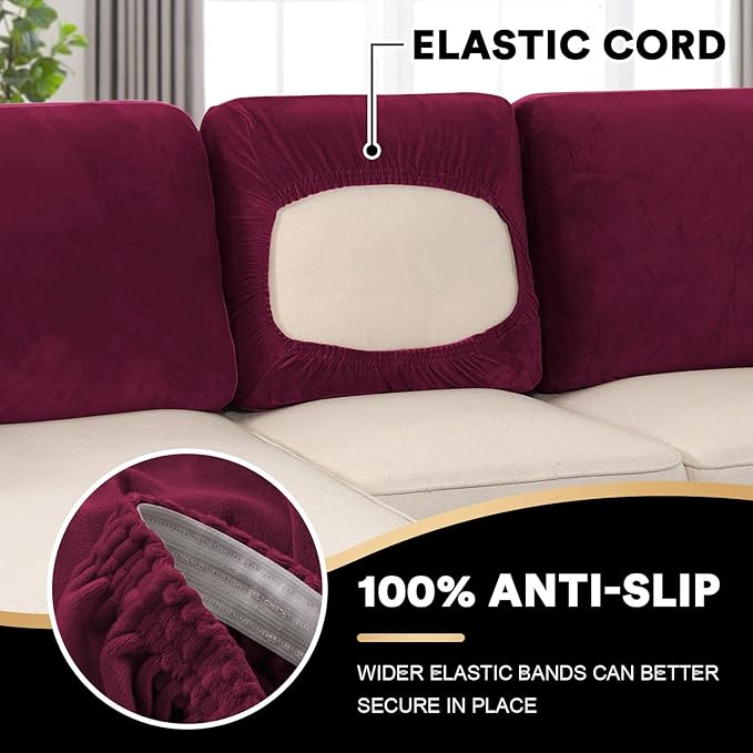 PrinceDeco Velvet Cushion Covers for Sectional Couch, 3 Back Cushion, Burgundy-Ruum Studio Home
