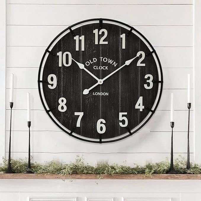 Large Old Town Farmhouse Wall Clock – 24 Inches Rustic Antique Wood with Metal Circle and Large Numerals, Silent Battery Operated Clock for Office, Kitchen, Bedroom, Living Room (Black)-Ruum Studio Home