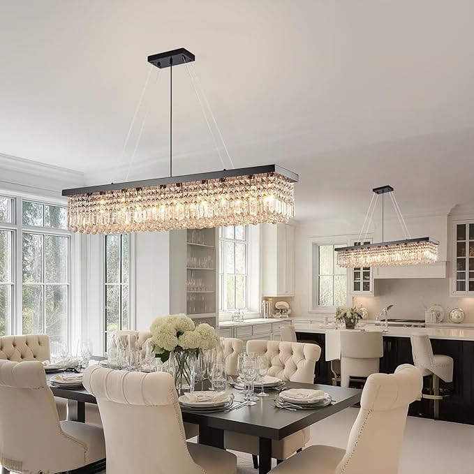 Rectangular Black Crystal Chandelier,10 Light Crystal Chandeliers for Dining Room, Rectangle Light Fixture for Kitchen Island L47''xW10''x H10''-Ruum Studio Home