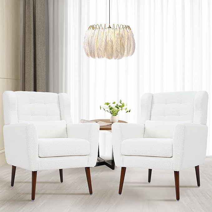 Accent Chair Set of 2, Upholstered Armchair with Pillow, Teddy Single Sofa with Lounge Seat and Wood Legs for Living Room Small Spaces-Ruum Studio Home