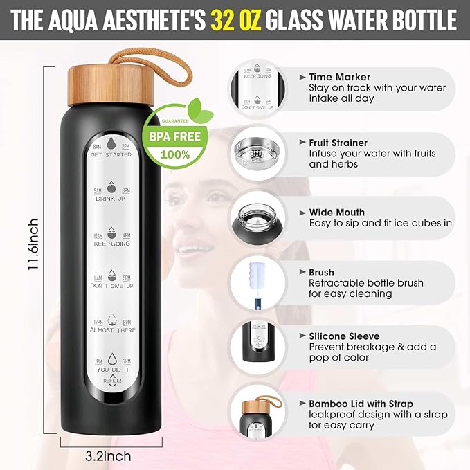 Aqulea Glass Water Bottles 32 Oz with Silicone Sleeve - BPA Free Reusable Wide Mouth Glass Motivational Water Bottles with Fruit Infuser – Leak Proof Borosilicate Water Bottle with Time Marker (Black)-Ruum Studio Home