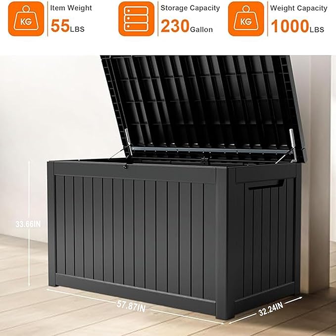230 Gallon Resin Deck Box, Lockable Patio Outdoor Storage Box for Furniture, Garden Tools and Tools Storage, Waterproof Outside Storage Boxes - Black-Ruum Studio Home