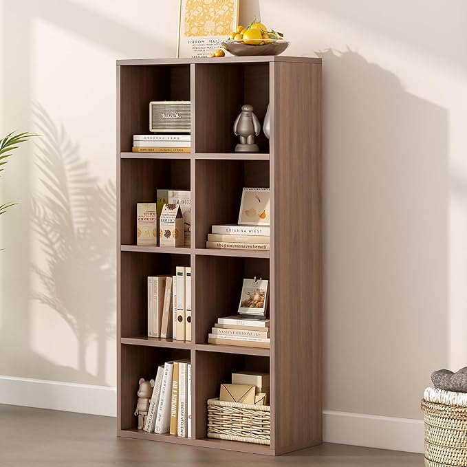 8-Cube Storage Shelf Bookcase - Wooden 4-Tier Floor Standing Open Bookshelf for Home and Office, Cuby Orgainzer, Walnut-Ruum Studio Home