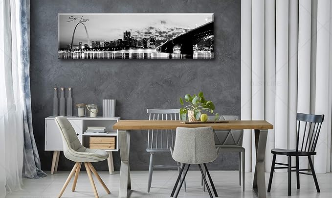 DJSYLIFE Panoramic St. Louis Skyline Wall Art Cityscape Picture Black and White Canvas Print Night View Urban Landscape Modern Artwork Office Bedroom Decor Framed and Ready to Hang 13.8"x47.3"-Ruum Studio Home