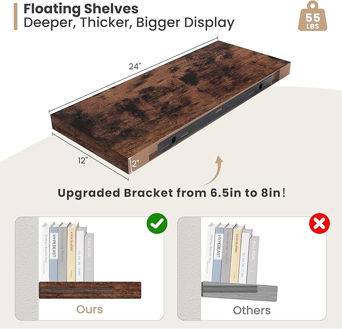 Heimlove 24 x 12 Inch Deep Floating Shelves Wall Mounted with Invisible Brackets,Storage Hanging Shelf for Wall Decor in Bathroom, Bedroom, Kitchen, Living Room, Office Set of 2 (Rustic Brown)-Ruum Studio Home