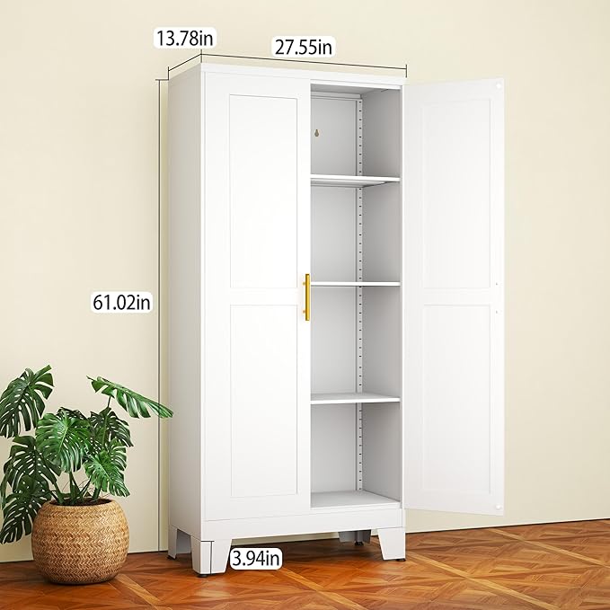 White Metal Storage Cabinet, 61" Steel Cabinets for Home Office, Kitchen Pantry Storage Cabinet with Doors and 3 Adjustable Shelves, Tool Cabinet, for Office, Home, Garage, School-Ruum Studio Home