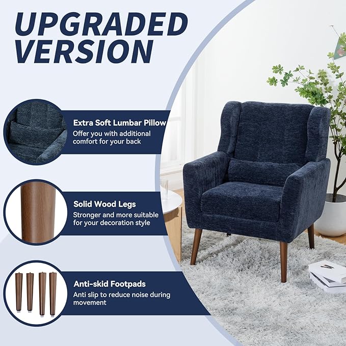 Accent Chair Set of 2, Upholstered Armchair with Pillow, Fabric Single Sofa Chair with Lounge Seat and Wood Legs Accent Chair for Living Room Small Spaces (Dark Blue, Set of 2)-Ruum Studio Home