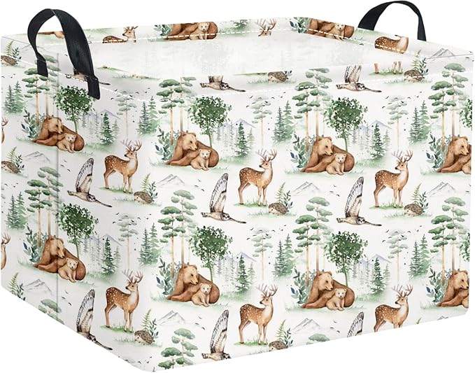 HIYAGON Rectangular Storage Basket Collapse Canvas Fabric Cartoon Bin Organizer Box with Handles for Organizing Home Kitchen Room Decor(Woodland Animal)-Ruum Studio Home